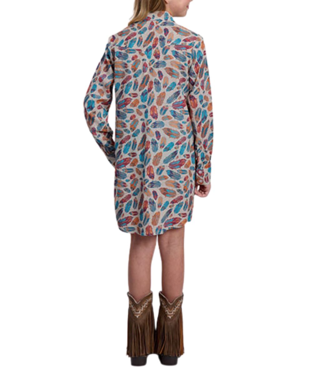 Back view of the girl's grey long sleeve shirt dress featuring the western yokes and allover multicolor feather print