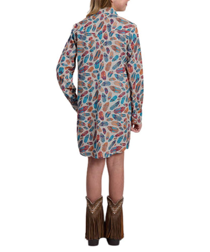 Back view of the girl's grey long sleeve shirt dress featuring the western yokes and allover multicolor feather print