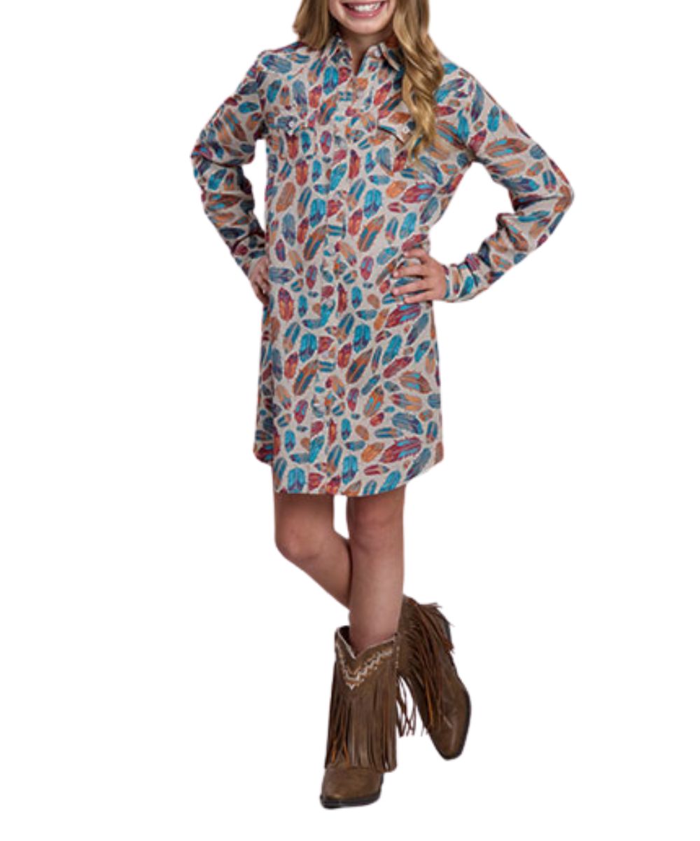 Front view of the girl's Roper long sleeve shirt dress featuring the full-length button closure, button-through flap chest pockets, button cuffs, and western yokes