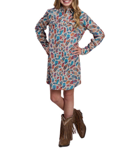 Front view of the girl's Roper long sleeve shirt dress featuring the full-length button closure, button-through flap chest pockets, button cuffs, and western yokes