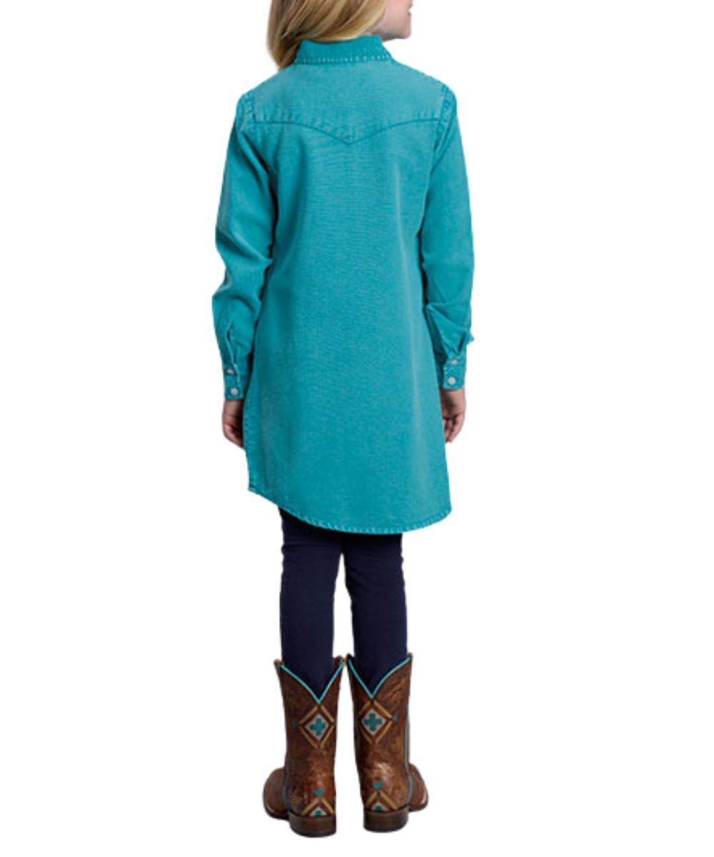 Back view of the girl's long sleeve western shirt dress featuring the solid turquoise color, single point back yoke, and above the knee length