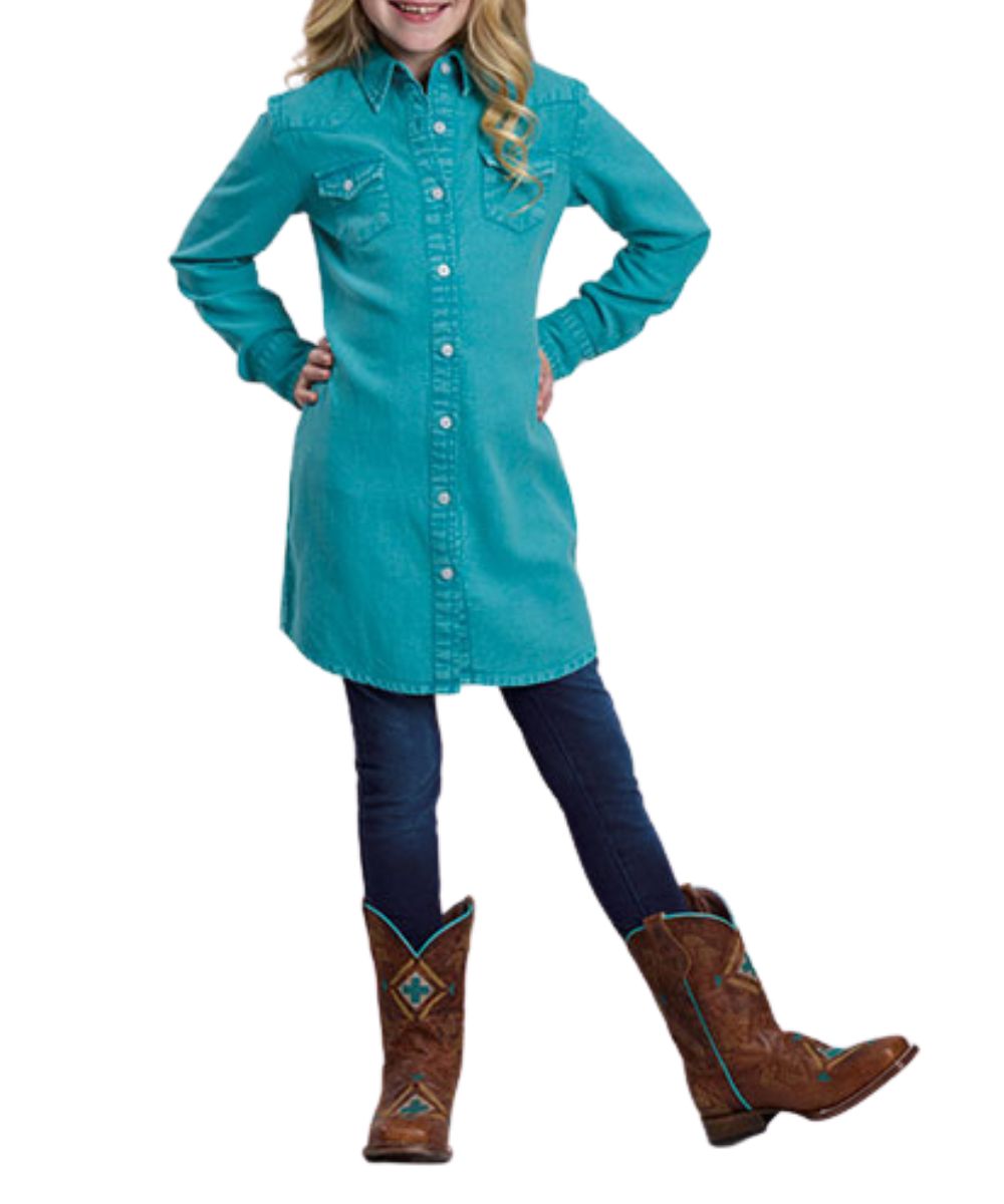 Front view of the girl's Roper long sleeve shirt dress featuring the button front closure, western yokes, chest pockets, and turquoise blue color