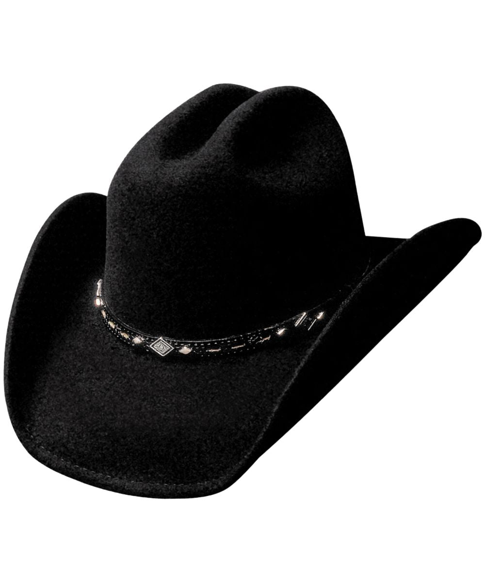Left angled view of the black premium wool fashion felt Bullhide Hat 