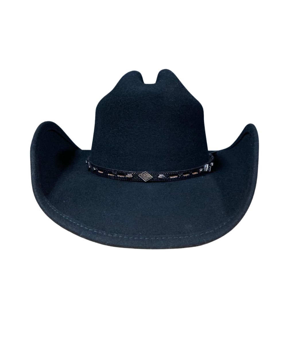 A black felt cowboy hat with a decorative band featuring silver conchos and white stitching, shown against a plain white background.