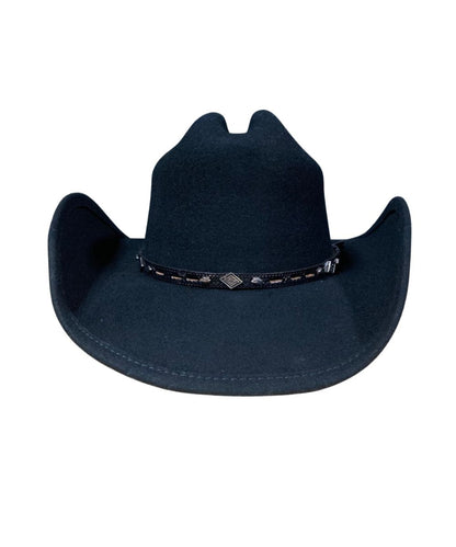 A black felt cowboy hat with a decorative band featuring silver conchos and white stitching, shown against a plain white background.