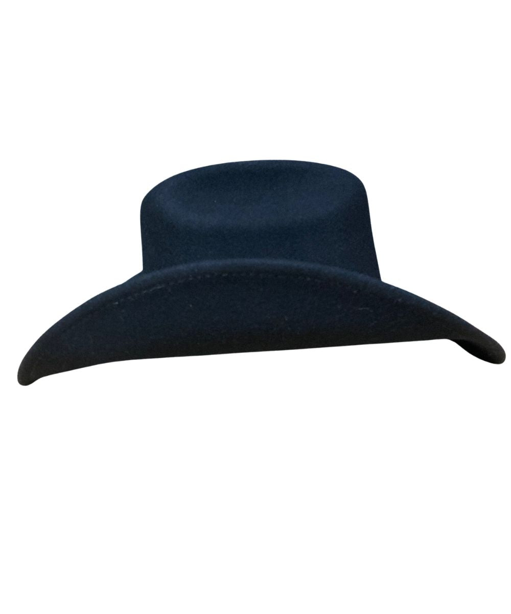 A black felt cowboy hat shown from the front on a plain white background.
