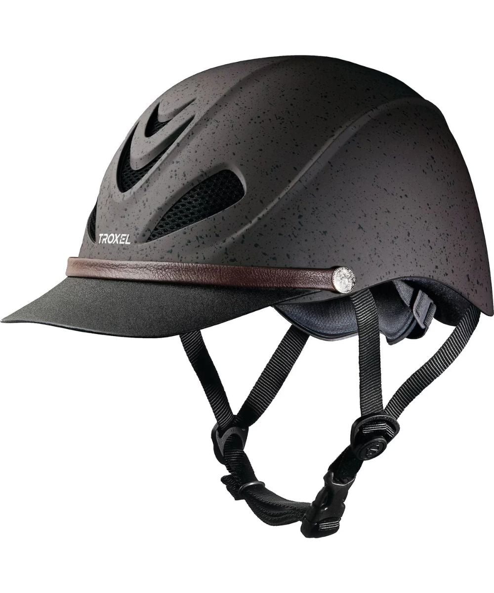 A brown speckled equestrian helmet with a matching visor, featuring a brown leather-like band and black chin straps, shown against a plain white background.