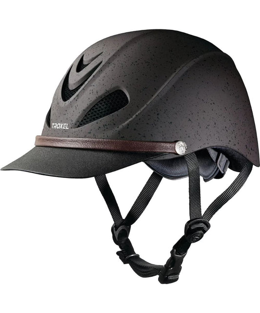 A brown speckled equestrian helmet with a matching visor, featuring a brown leather-like band and black chin straps, shown against a plain white background.