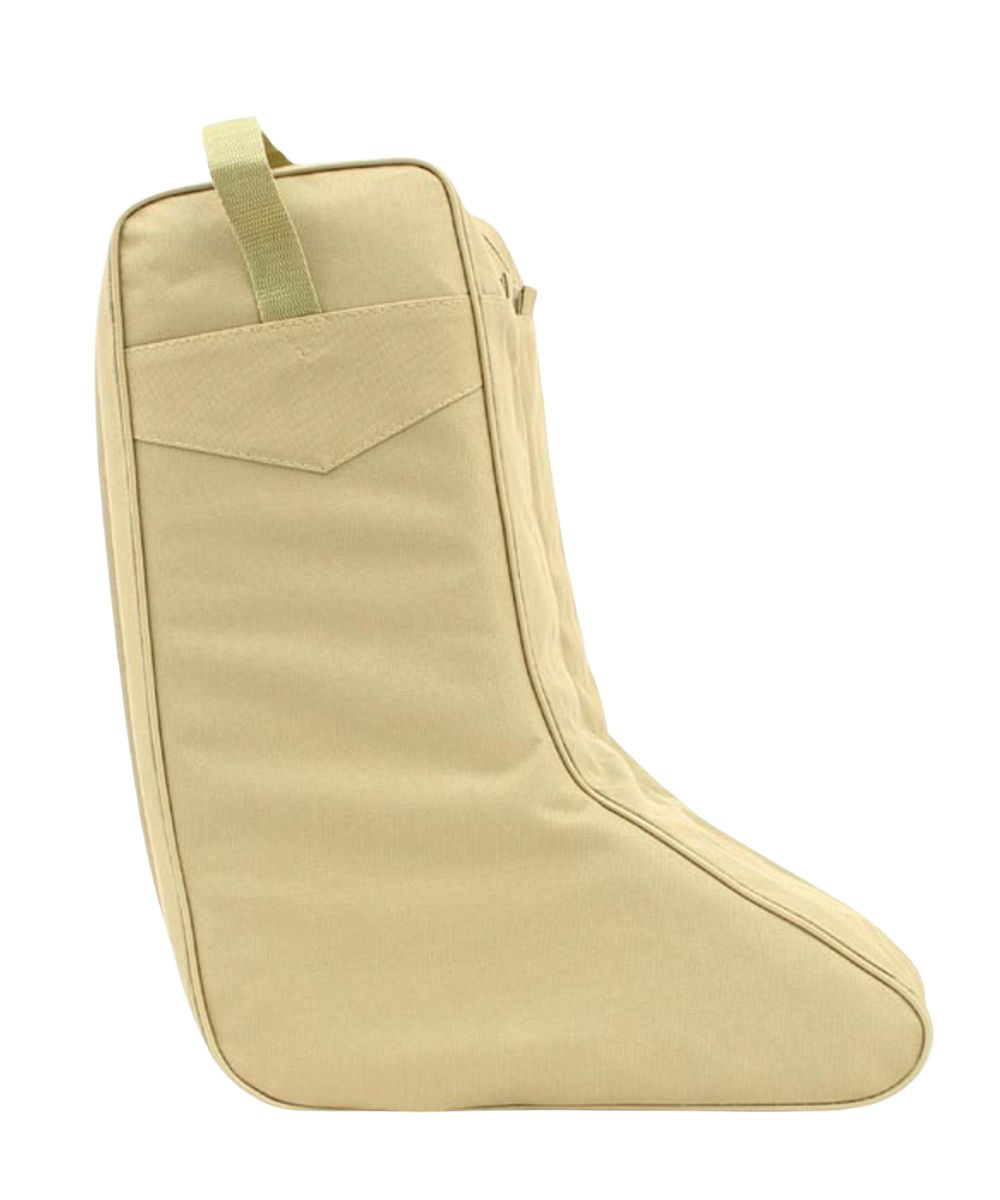 Side view of the tan water and tear resistant nylon boot bag featuring a twin zipper closure
