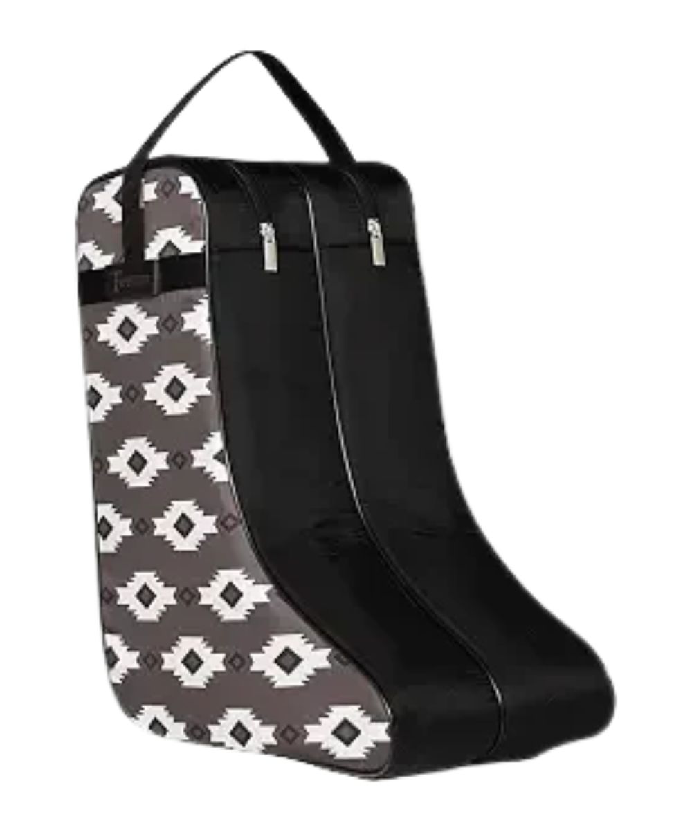 Side view of the Twister black southwestern printed boot bag featuring the top carry handle and zip closure