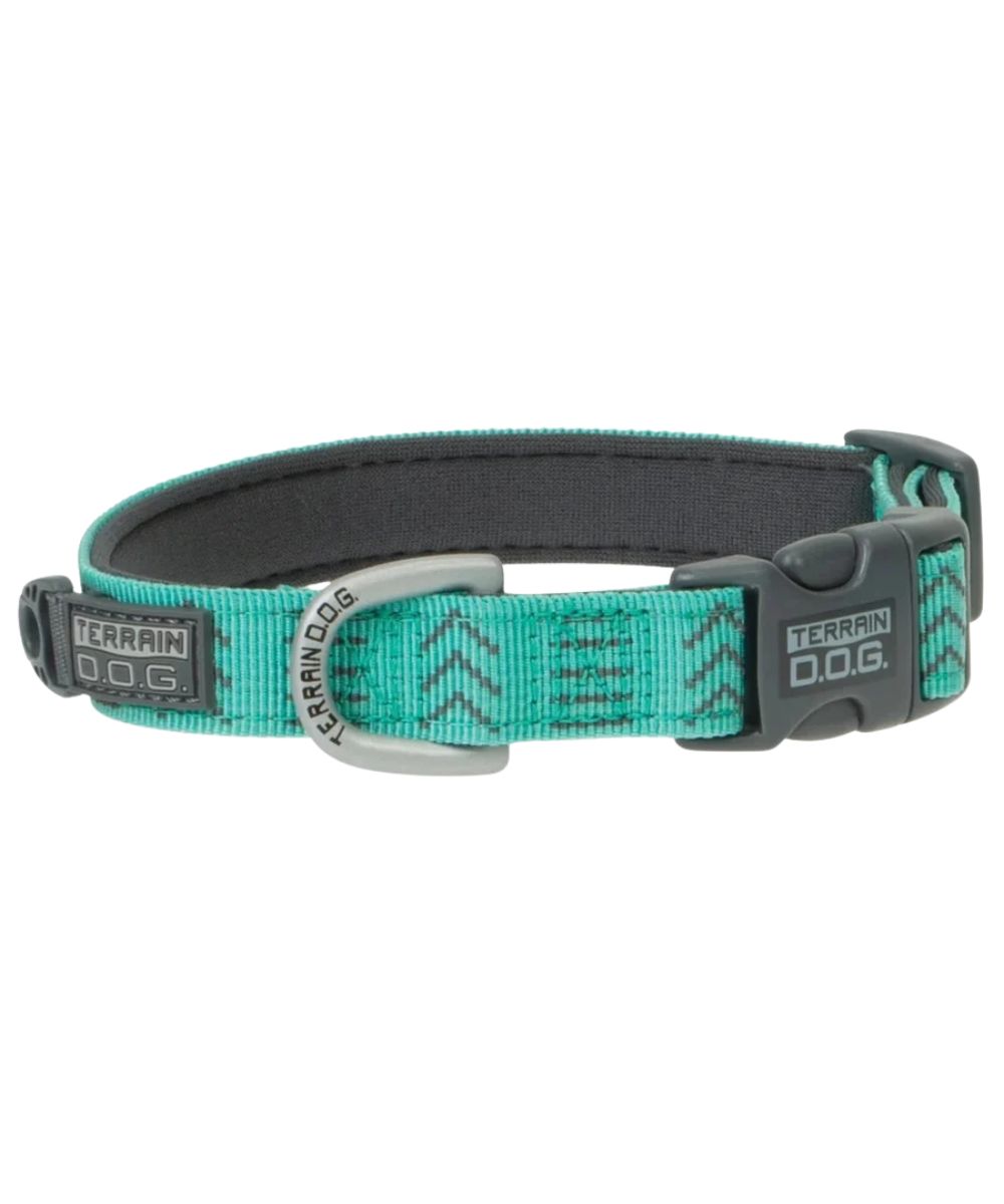 Buckle view of the Terrain D.O.G. Patterned Snap-N-Go Neoprene Lined Dog Collar in mint chevron 