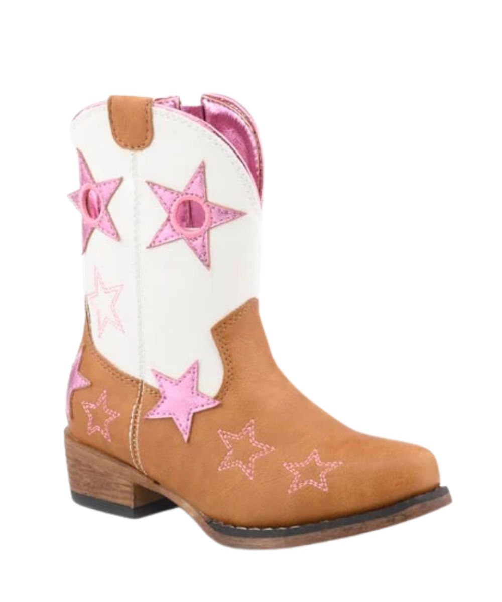 Right angled view of the toddler girl's Roper Fashion Boot featuring the faux leather construction, 5" shaft, tan vamp, white shaft, pink star accents throughout, snip toe, and a side zipper for easy on and off