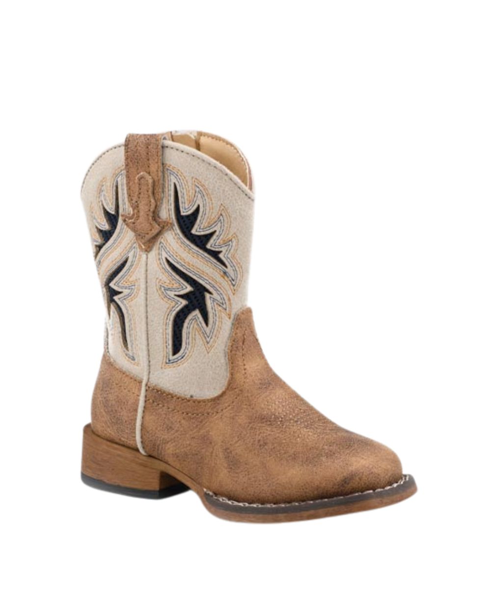 A single western-style cowboy boot in brown leather with a cream-colored shaft and navy mesh detailing, shown against a plain white background.