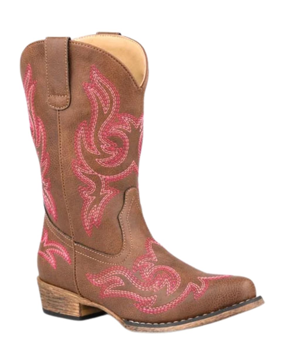 Right angled view of the little girl's brown Roper western boot featuring the vintage brown faux leather upper with pink western stitch design, pull tabs, western heel with rubber heel cap, and a snip toe
