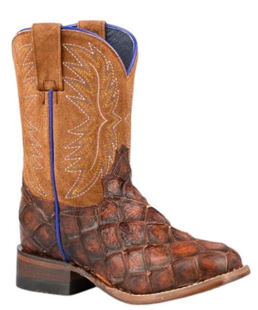 Right angled side view of the little kid's brown pirarucu exotic leather boot featuring the blue accents and suede leather shaft