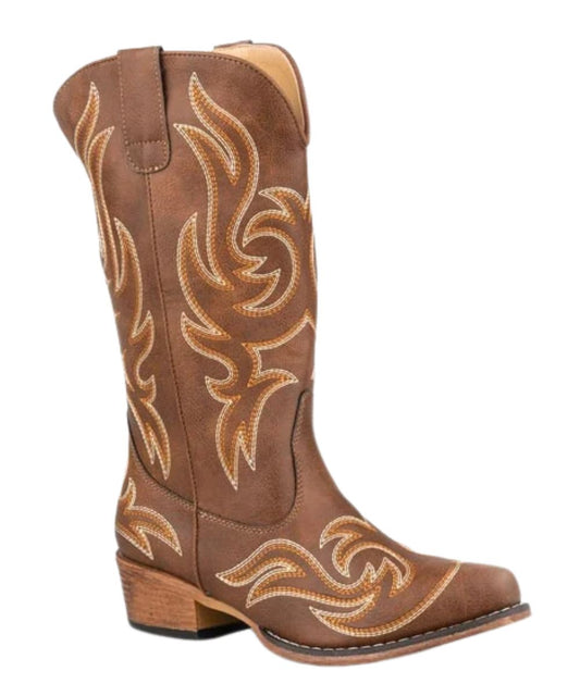 Right angled view of the women's brown Roper boot featuring the 12" shaft, faux leather upper with an all over western stitch design, pull tabs, flexible tpr outsole, and a snip toe