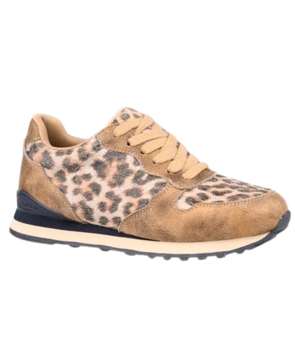 Right angled view of the women's tan leopard print Roper jogger shoe featuring the faux leather upper with a leopard print side quarter, lace-up entry, flexible bottom, and a round toe