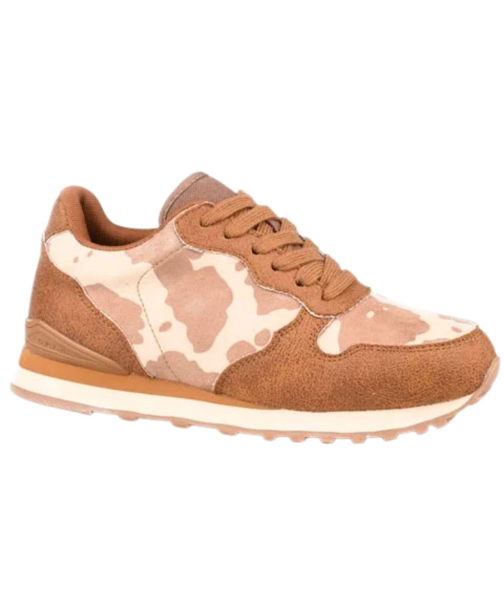 Right angled view of the women's cognac brown Roper Giddyup Jogger Shoe featuring the lace-up entry, brown faux leather upper with printed cow faux leather side quarters, rubber sole, and a round toe