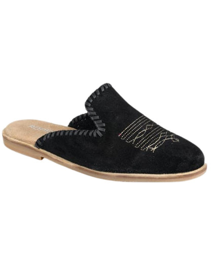 Women's Mule Black Leather Suede Sandal Featuring White Toe Bug Stitching