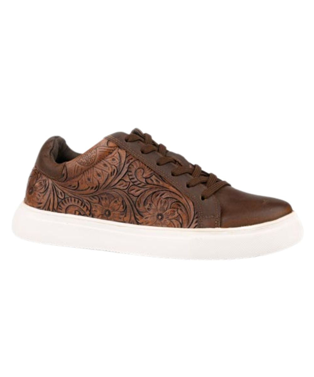 Right angled view of the women's brown Roper Remy Flat Casual Shoe featuring the leather upper with a brown floral tooled side quarter, lace-up entry, and round toe