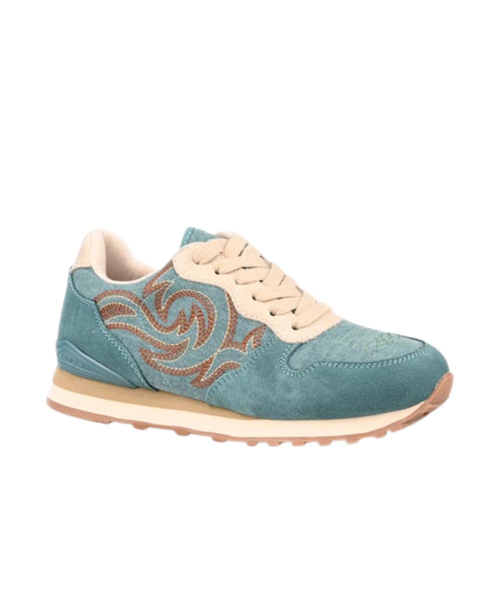 A teal blue suede sneaker with beige laces, a beige midsole, and brown embroidered swirl patterns on the side, shown against a plain white background.