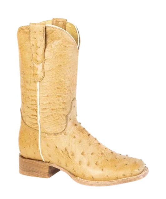 Right angled view of the women's tan ostrich exotic leather boot featuring the 11" shaft, square toe, leather walking heel, and pull tabs