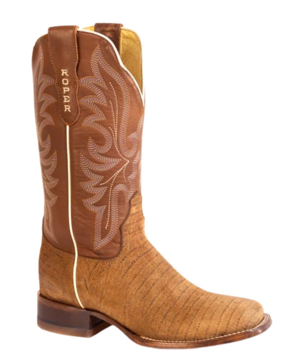 Right angled view of the women's tan and brown Roper Faux Lizard Embossed Western Boot featuring the 12" shaft and leather construction