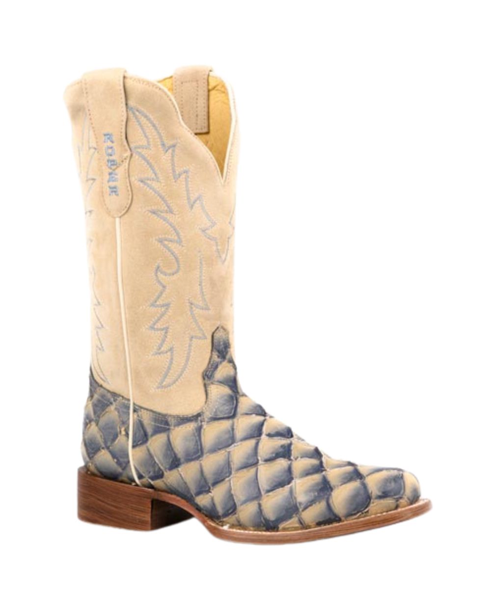 Right angled view of the women's Roper Faith Western Boot featuring the vintage blue denim embossed pirarucu vamp and the 12" light tan suede leather shaft with a western stitched design, leather pull tabs, and a medium square toe