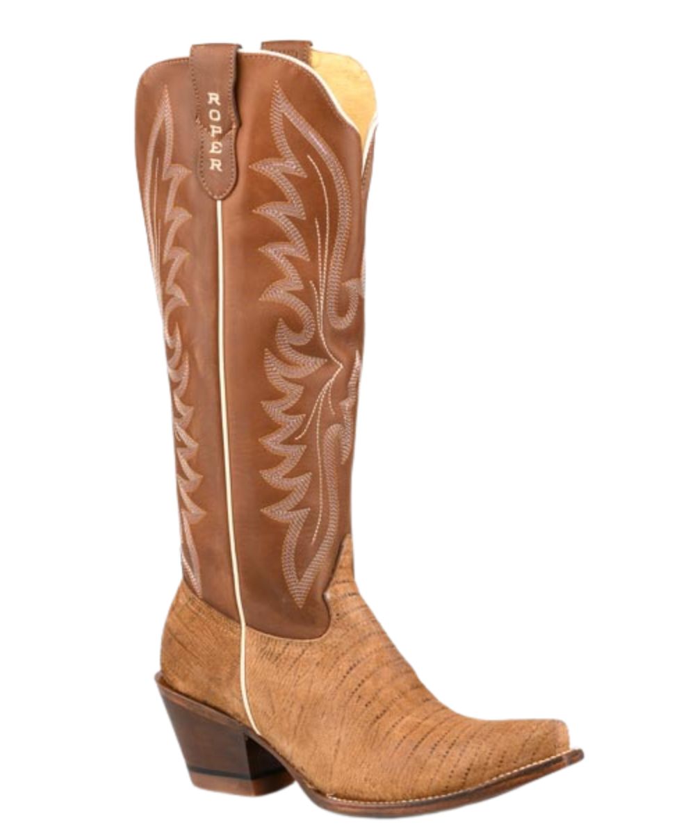 Right angled view of the women's tan and brown faux embossed lizard Roper Fashion Boot featuring the 16" shaft, side zipper for easy on, and leather construction