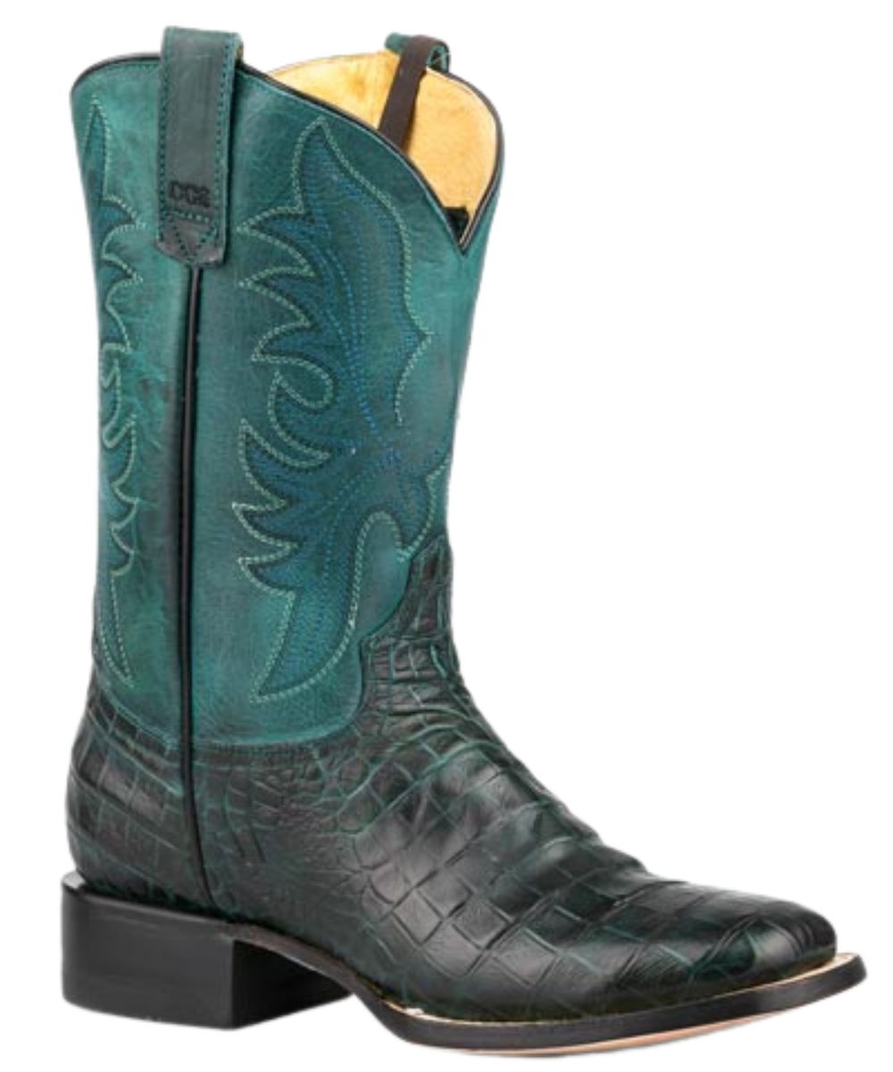 Right angled view of the women's 11" blue boot featuring a concealed carry system and square toe