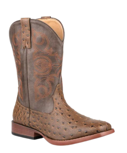 Right angled view of the unisex youth Roper brown faux leather boot featuring the faux ostrich printed vamp, western stitch design on the shaft, pull tabs, stockman heel, and a wide square toe