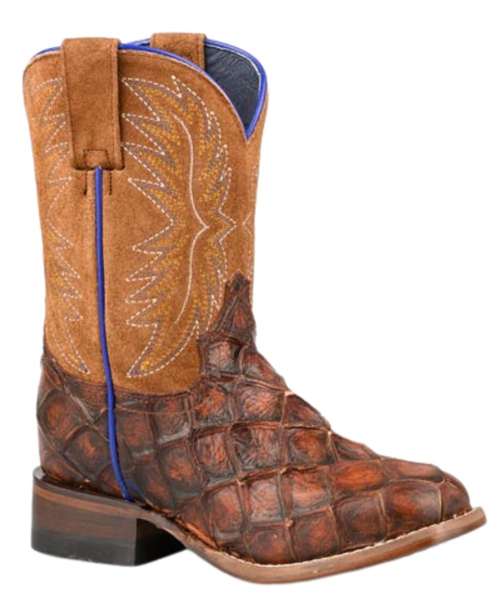 Right angled view of the big kid's Roper faux pirarucu embossed boot featuring the blue accents, 10" shaft, square toe, and leather construction