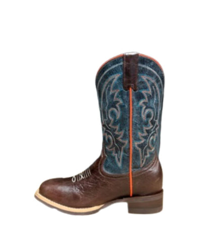 Left side view of the big kid's leather boot featuring a brown vamp, blue shaft, and orange piping