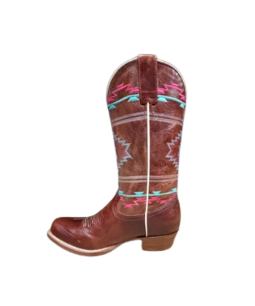 Left side view of the girl's brown leather boot featuring pink and blue aztec embroidery on the shaft