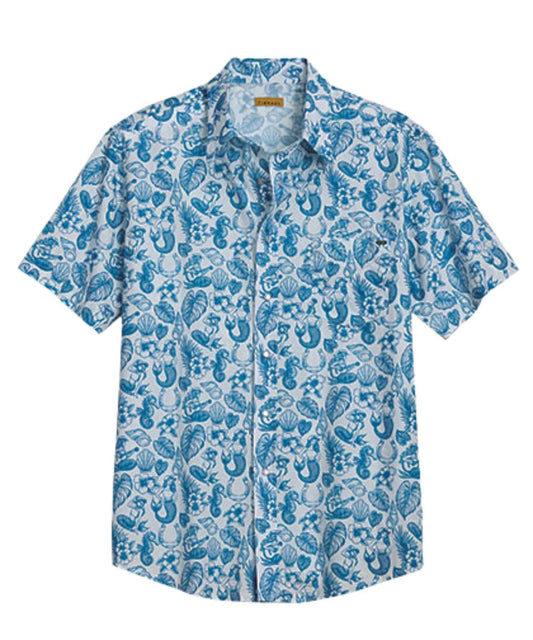 Front view of the men's blue short sleeve pearl snap shirt featuring a western nautical print