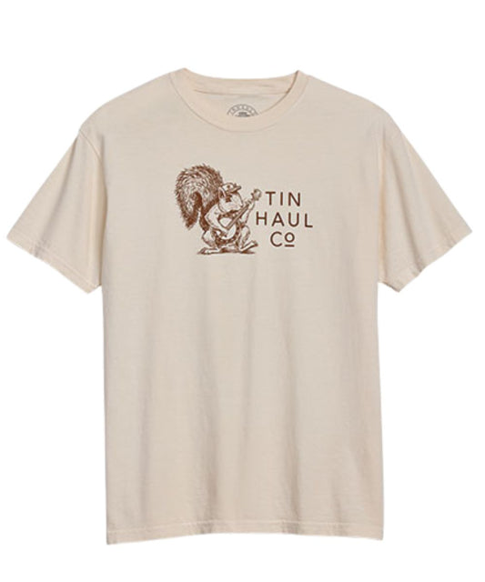 Front view of the unisex adult tee featuring a squirrel banjo graphic on the white tee