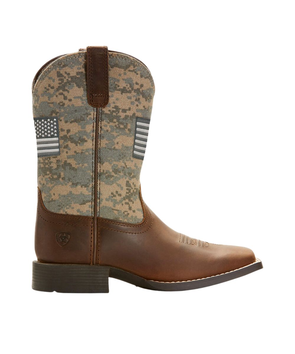 Brown Leather Vamp Featuring A Printed Digital Camo Shaft With American Flag Overlays
