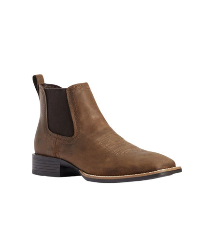 Right angled view of the men's chelsea booker boot in distressed tan