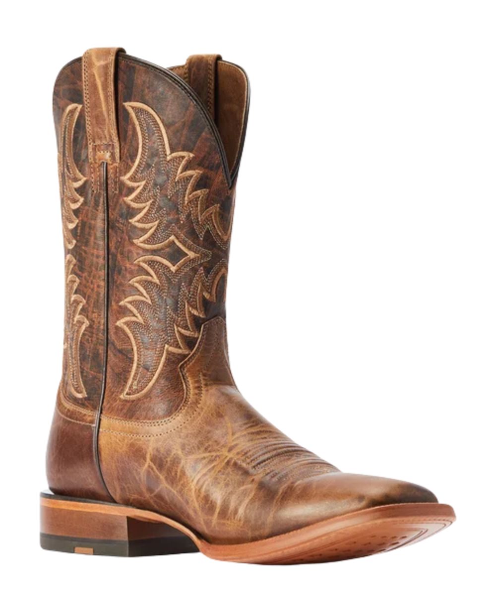 Right angled view of the men's Ariat Point Ryder Western Boot featuring the 11" shaft, full-grain leather construction, brown piping, and leather pull tabs