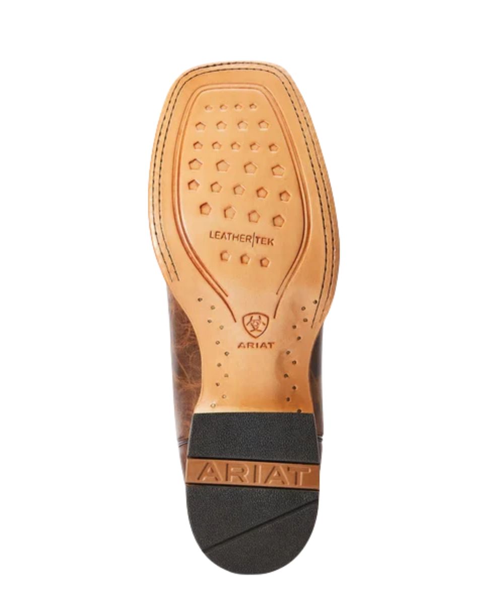 Sole view of the men's western boot featuring the leather outsole, rubber heel cap, and LeatherTEK midsole