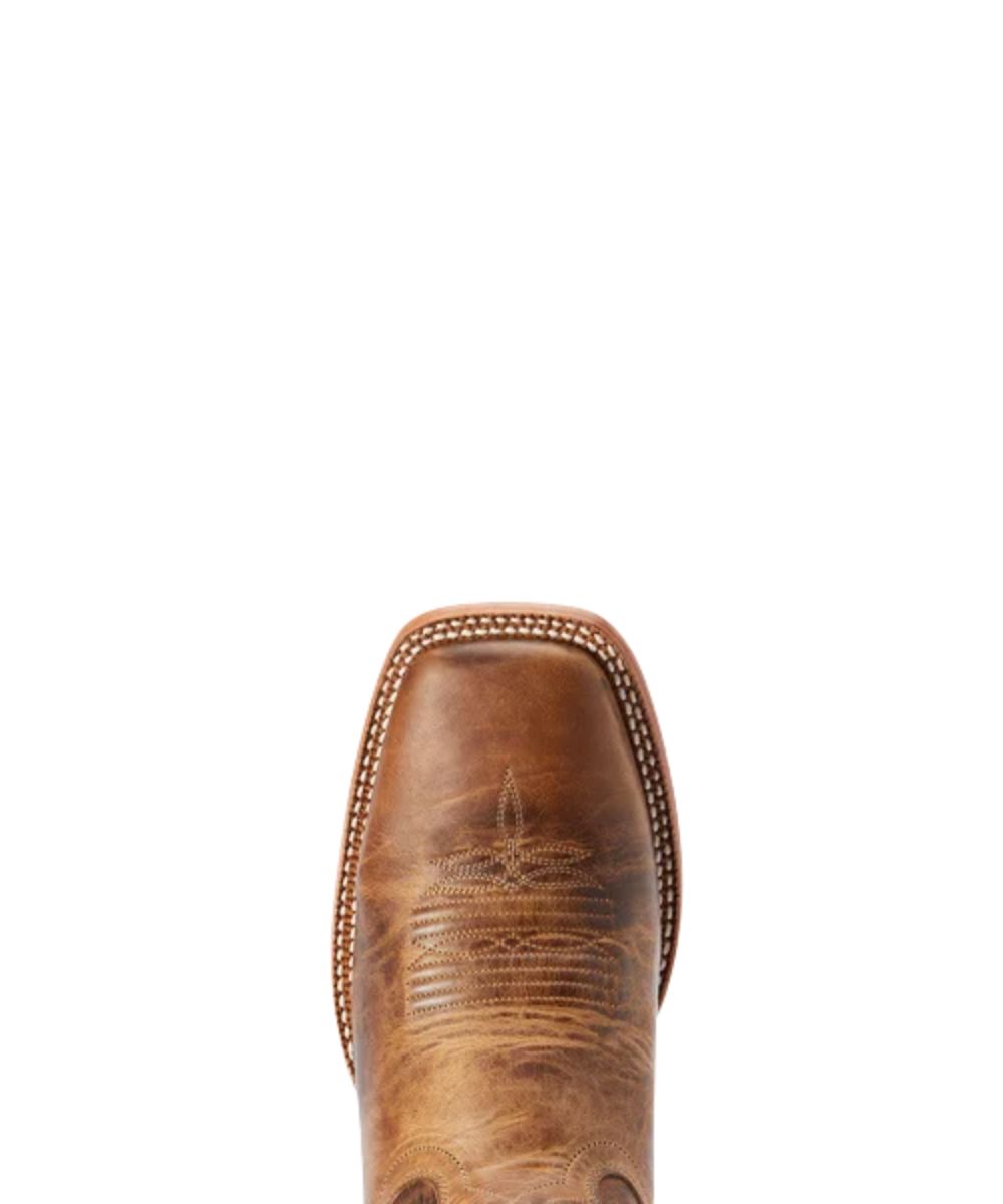 Close-up view of the men's tan/brown leather boot featuring the wide square toe