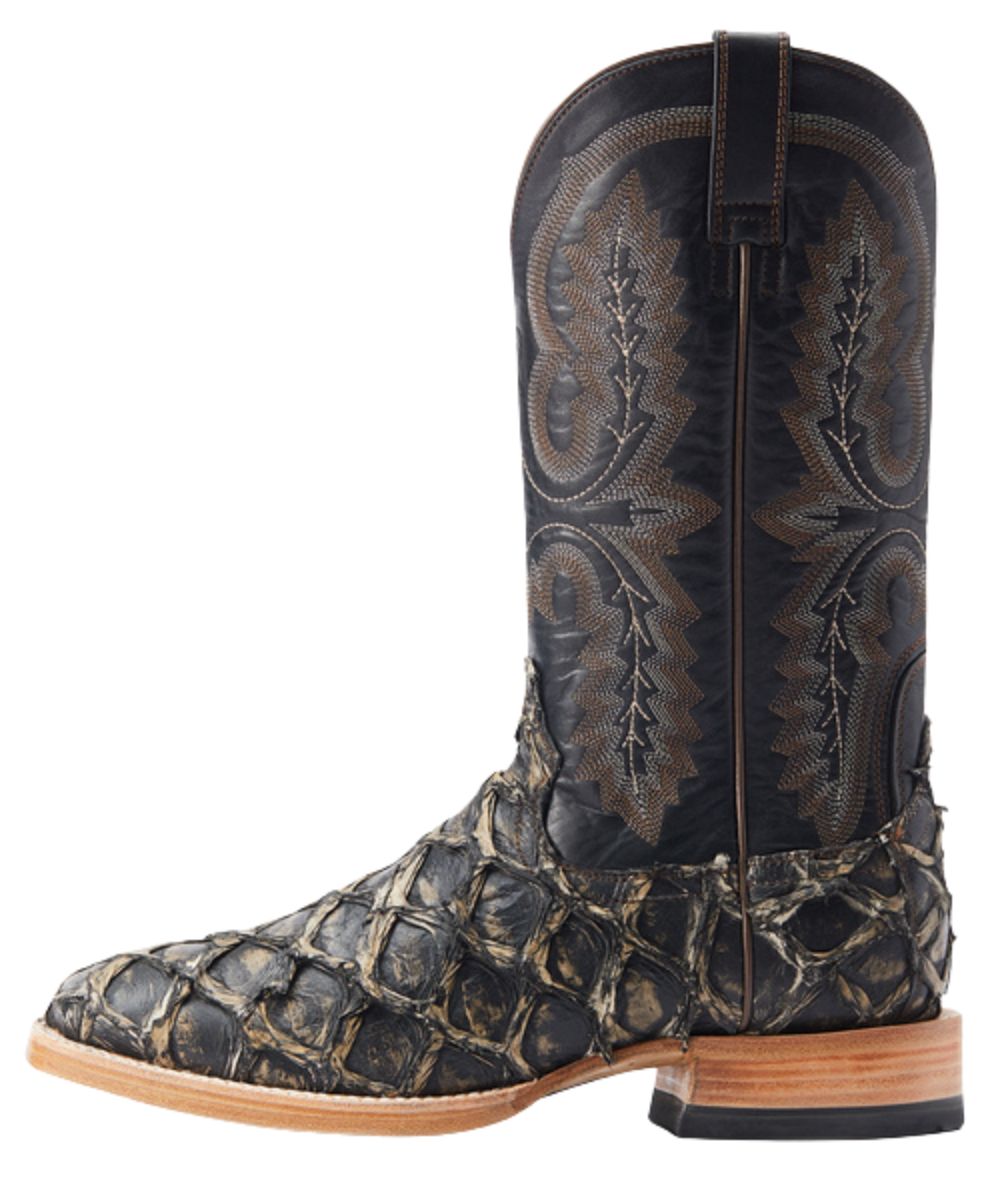 Distressed Black Pirarucu Fish Leather Vamp And Black Leather Shaft With Contrast Stitching