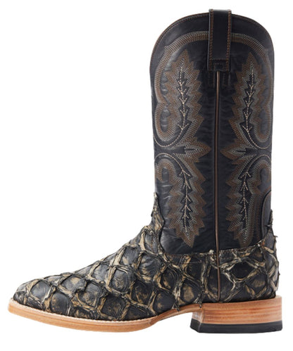 Distressed Black Pirarucu Fish Leather Vamp And Black Leather Shaft With Contrast Stitching
