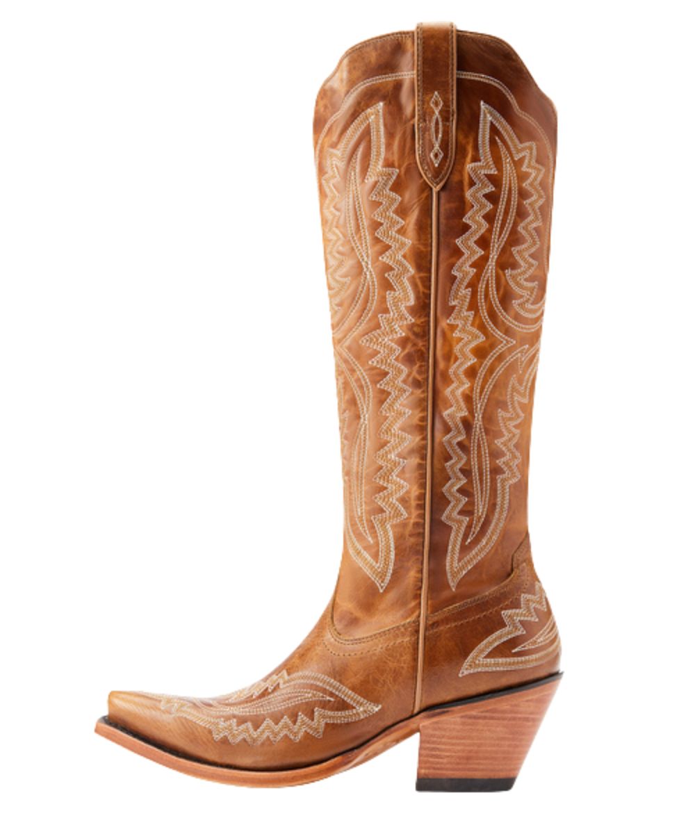 Left side view of the women's 16" leather western boot featuring a six row stitch pattern