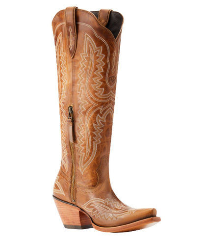 Right angled view of the women's shades of grain tan leather western boot featuring an inside zipper for easy entry