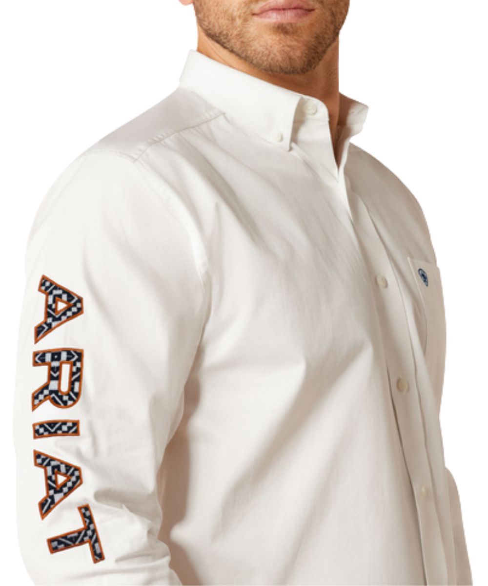 Black And White Logo Embroidery With Red Outline Down The Sleeve
