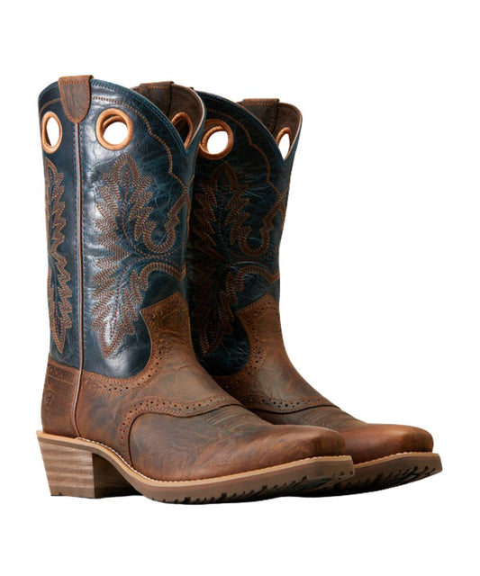 Men's 12" Leather Cowboy Boot Featuring A Brown Vamp And Blue Shaft With Pull Holes For An Easy On