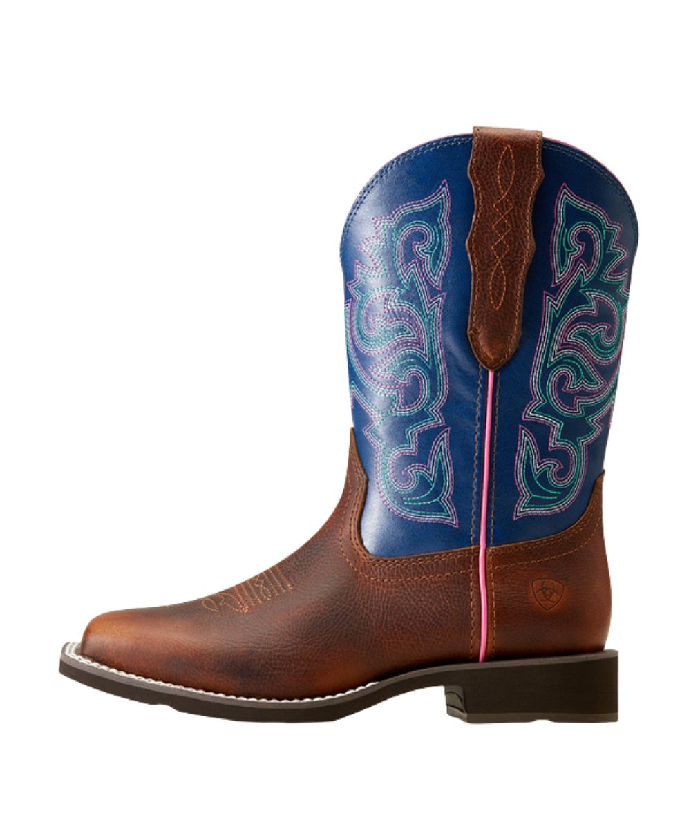 Dark Cottage Brown Leather Vamp With A Blue Leather Shaft Featuring Contrast Western Stitching And Pink Piping