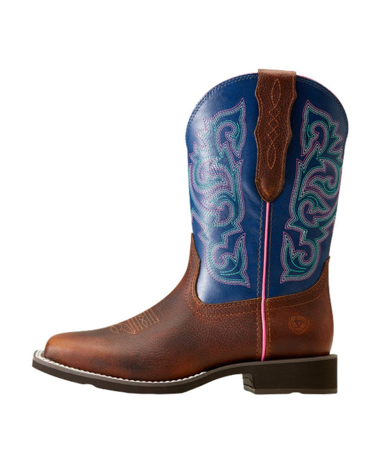 Dark Cottage Brown Leather Vamp With A Blue Leather Shaft Featuring Contrast Western Stitching And Pink Piping