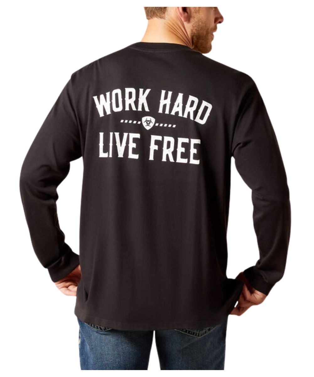 A man wearing a black long-sleeve t-shirt from the back, featuring the slogan 'WORK HARD LIVE FREE' in white block letters with a small shield logo in the center.